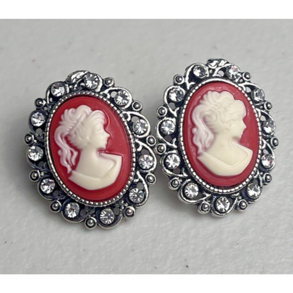 Cameo Earrings Pierced Ear Red White Lady Rhinestone Silver Tone Costume Jewelry